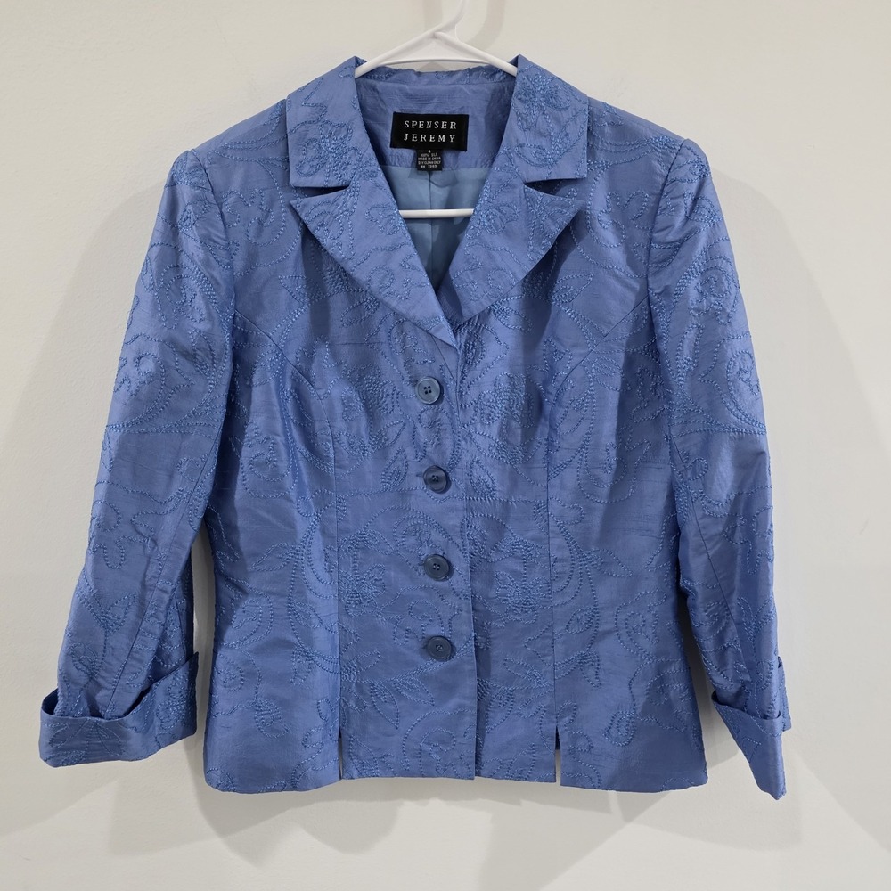 Spenser Jeremy Womens Silk Jacket Size 4 Embroidered Floral Blue Blazer Regency